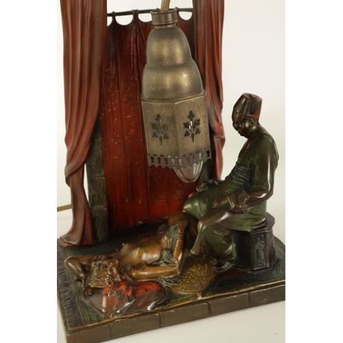 534 - AN EARLY 2OTH CENTURY ARGENTOR VIENNA COLD PAINTED BRONZE LAMP depicting a male figure with reclined... 