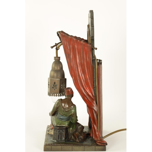 534 - AN EARLY 2OTH CENTURY ARGENTOR VIENNA COLD PAINTED BRONZE LAMP depicting a male figure with reclined... 