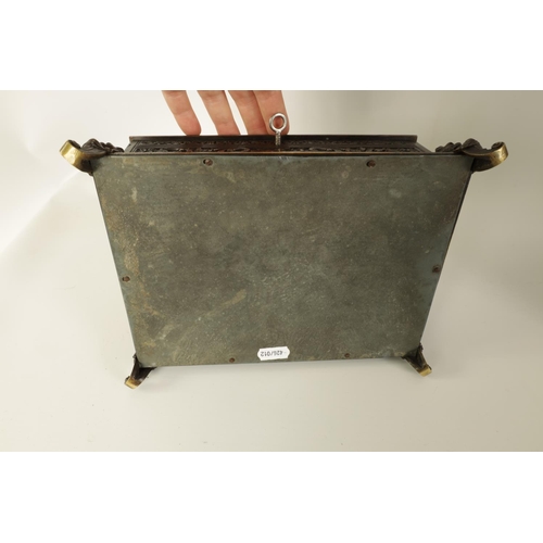 538 - A 19TH CENTURY FRENCH BRONZE JEWELLERY CASKET with embossed leaf cast decoration and central portrai... 