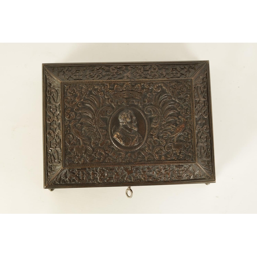 538 - A 19TH CENTURY FRENCH BRONZE JEWELLERY CASKET with embossed leaf cast decoration and central portrai... 