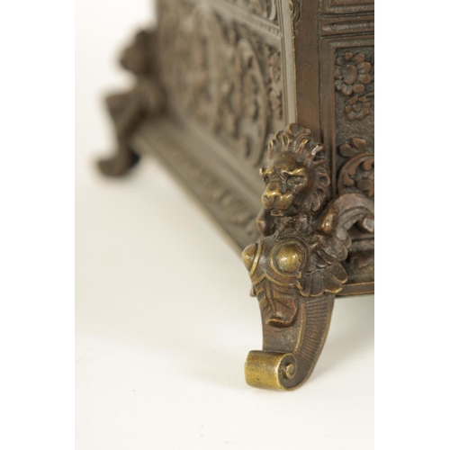 538 - A 19TH CENTURY FRENCH BRONZE JEWELLERY CASKET with embossed leaf cast decoration and central portrai... 