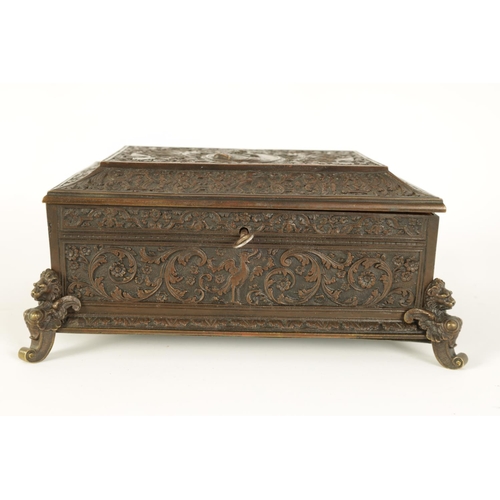 538 - A 19TH CENTURY FRENCH BRONZE JEWELLERY CASKET with embossed leaf cast decoration and central portrai... 