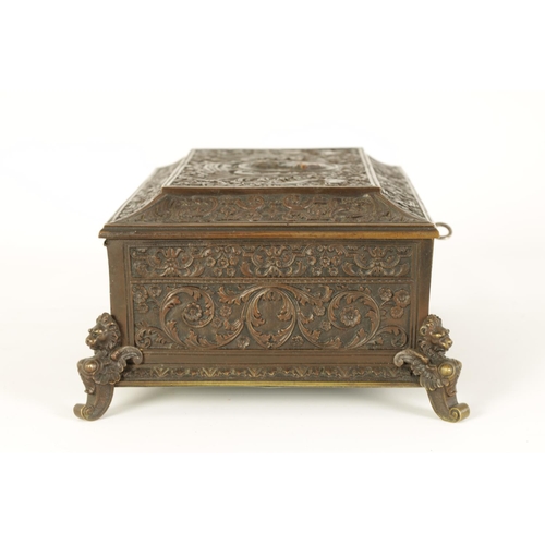 538 - A 19TH CENTURY FRENCH BRONZE JEWELLERY CASKET with embossed leaf cast decoration and central portrai... 