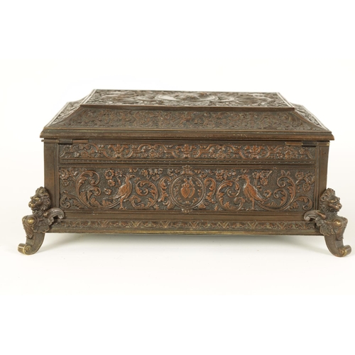 538 - A 19TH CENTURY FRENCH BRONZE JEWELLERY CASKET with embossed leaf cast decoration and central portrai... 