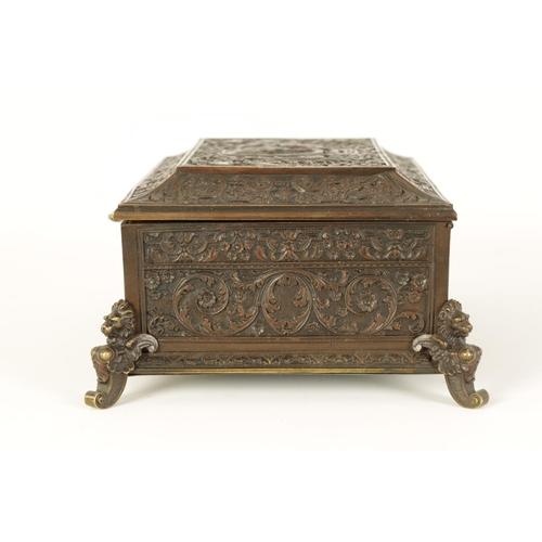 538 - A 19TH CENTURY FRENCH BRONZE JEWELLERY CASKET with embossed leaf cast decoration and central portrai... 