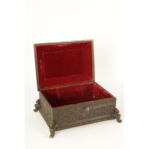 538 - A 19TH CENTURY FRENCH BRONZE JEWELLERY CASKET with embossed leaf cast decoration and central portrai... 