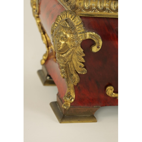 539 - A 19TH CENTURY FRENCH ORMOLU MOUNTED TORTOISESHELL BOMBE SHAPED JEWELLERY CASKET with caryatid corne... 