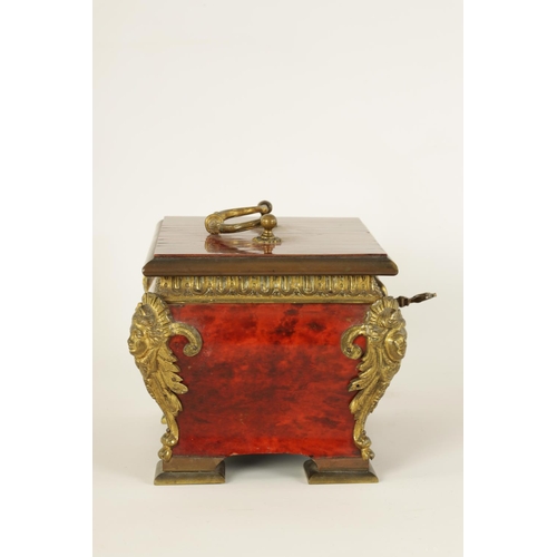 539 - A 19TH CENTURY FRENCH ORMOLU MOUNTED TORTOISESHELL BOMBE SHAPED JEWELLERY CASKET with caryatid corne... 