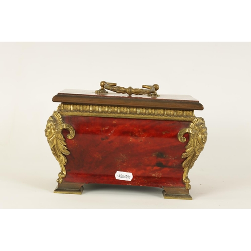 539 - A 19TH CENTURY FRENCH ORMOLU MOUNTED TORTOISESHELL BOMBE SHAPED JEWELLERY CASKET with caryatid corne... 