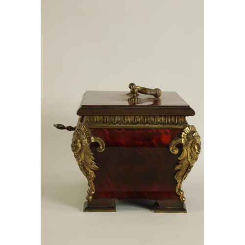 539 - A 19TH CENTURY FRENCH ORMOLU MOUNTED TORTOISESHELL BOMBE SHAPED JEWELLERY CASKET with caryatid corne... 