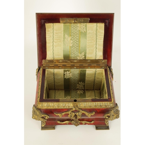 539 - A 19TH CENTURY FRENCH ORMOLU MOUNTED TORTOISESHELL BOMBE SHAPED JEWELLERY CASKET with caryatid corne... 