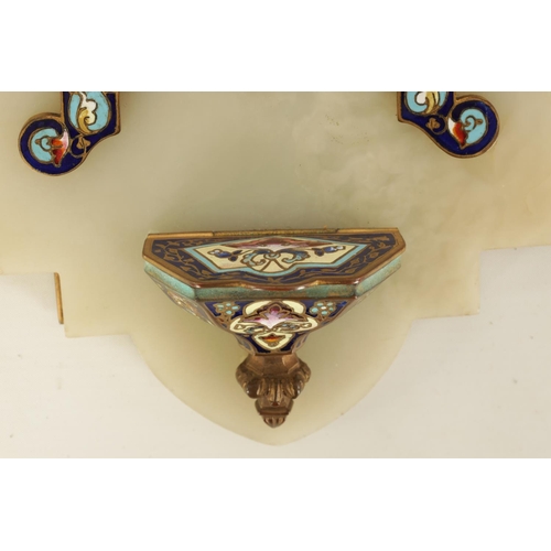 540 - A 19TH CENTURY ONYX, MARBLE AND CLOISONNÉ ENAMEL HOLY WATER FONT with shaped marble surround centred... 