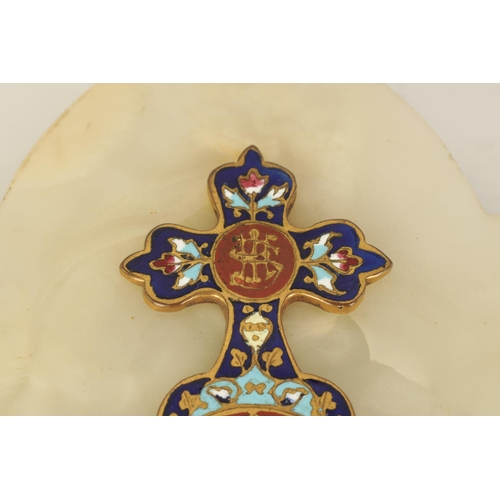 540 - A 19TH CENTURY ONYX, MARBLE AND CLOISONNÉ ENAMEL HOLY WATER FONT with shaped marble surround centred... 