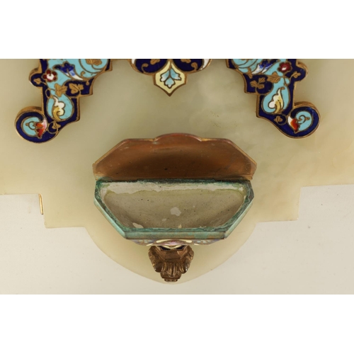 540 - A 19TH CENTURY ONYX, MARBLE AND CLOISONNÉ ENAMEL HOLY WATER FONT with shaped marble surround centred... 