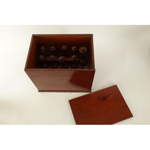 542 - A GOOD 19TH CENTURY MAHOGANY CASED SET OF TURNED TREENWARE INDOOR SKITTLES of ringed turned form com... 