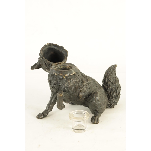 543 - A LARGE 19TH CENTURY CONTINENTAL ANIMALIER BRONZE INKWELL MODELLED AS A FOX with hinged head and gla... 