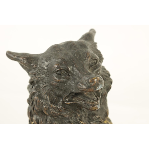 543 - A LARGE 19TH CENTURY CONTINENTAL ANIMALIER BRONZE INKWELL MODELLED AS A FOX with hinged head and gla... 