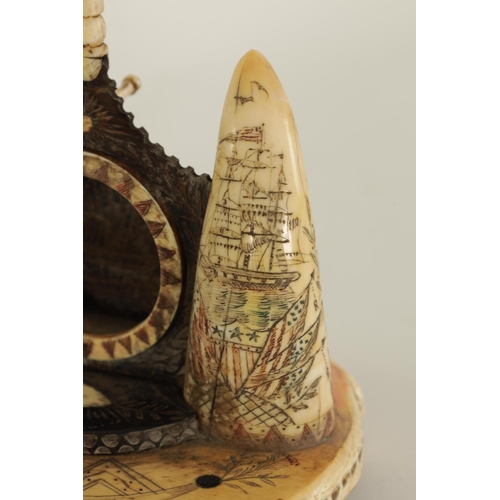 544 - A MID 19TH CENTURY SCRIMSHAW-WORK POCKET WATCH HOLDER inscribed on the base 'Ship Baron' in marine i... 