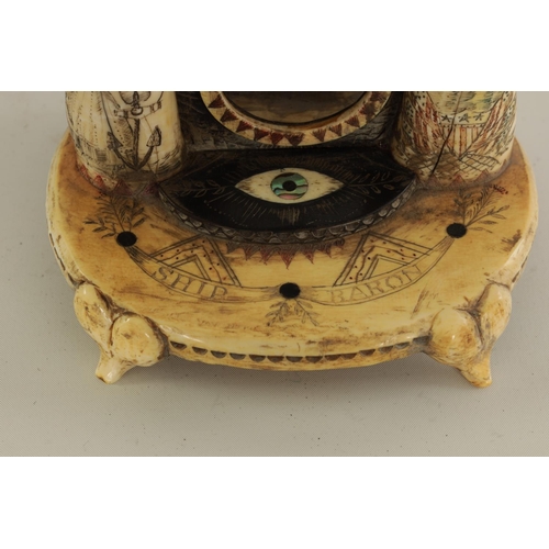 544 - A MID 19TH CENTURY SCRIMSHAW-WORK POCKET WATCH HOLDER inscribed on the base 'Ship Baron' in marine i... 