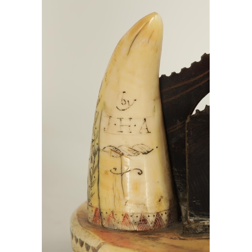 544 - A MID 19TH CENTURY SCRIMSHAW-WORK POCKET WATCH HOLDER inscribed on the base 'Ship Baron' in marine i... 