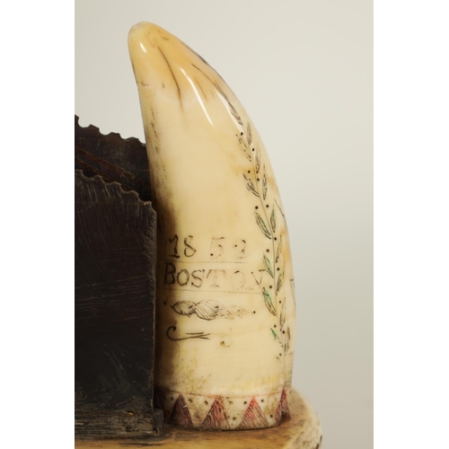 544 - A MID 19TH CENTURY SCRIMSHAW-WORK POCKET WATCH HOLDER inscribed on the base 'Ship Baron' in marine i... 