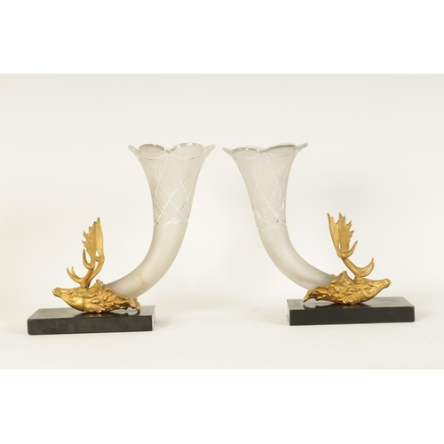 545 - A PAIR OF 19TH CENTURY GILT BRONZE STAGS-HEAD AND CORNUCOPIA CUT GLASS VASES mounted on black slate ... 