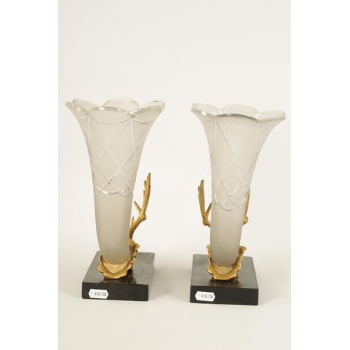 545 - A PAIR OF 19TH CENTURY GILT BRONZE STAGS-HEAD AND CORNUCOPIA CUT GLASS VASES mounted on black slate ... 