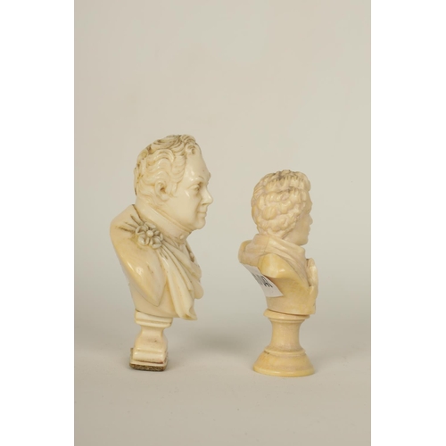 554 - TWO 19TH CENTURY CARVED IVORY BUSTS one depicting Prince Regent, each on a socle base. (7cm and 6cm ... 