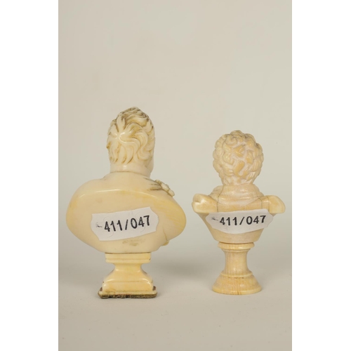 554 - TWO 19TH CENTURY CARVED IVORY BUSTS one depicting Prince Regent, each on a socle base. (7cm and 6cm ... 