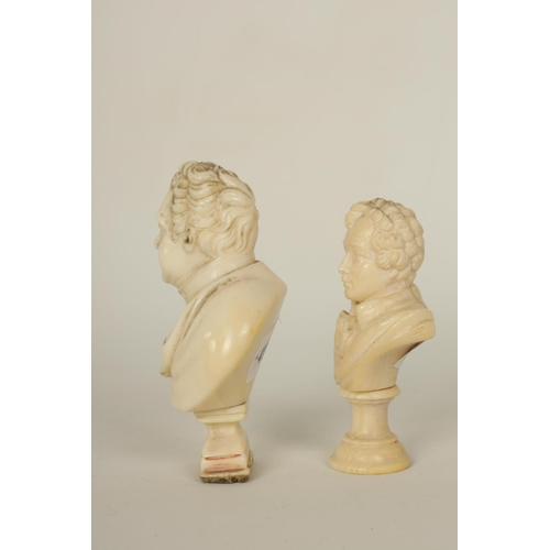 554 - TWO 19TH CENTURY CARVED IVORY BUSTS one depicting Prince Regent, each on a socle base. (7cm and 6cm ... 