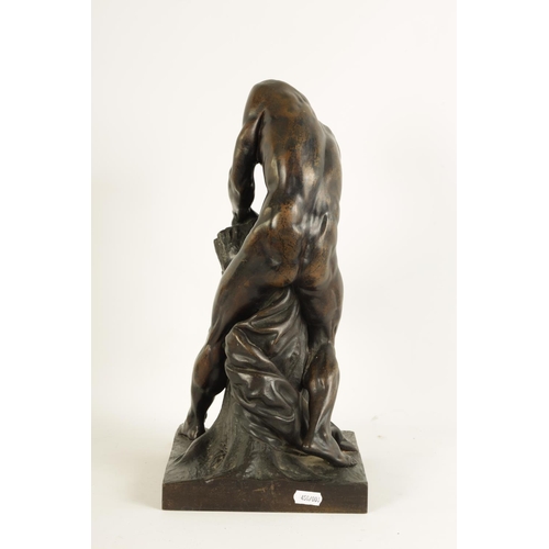 555 - A 19TH CENTURY BROWN PATINATED 'MILO OF CROTON' BRONZE SCULPTURE AFTER EDME DUMONT (1722 - 1775) dep... 