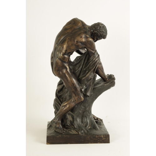 555 - A 19TH CENTURY BROWN PATINATED 'MILO OF CROTON' BRONZE SCULPTURE AFTER EDME DUMONT (1722 - 1775) dep... 