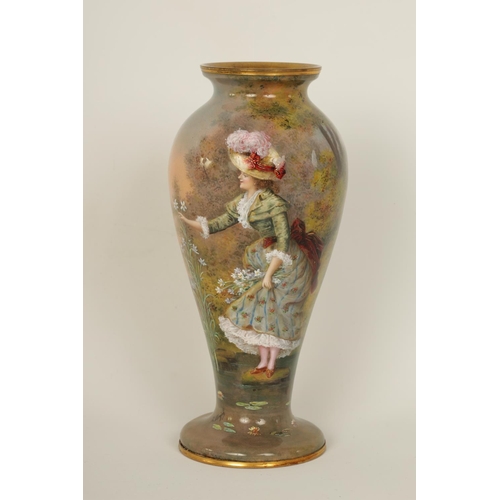 560 - A LATE 19TH CENTURY FRENCH LIMOGES ENAMEL VASE of inverted baluster form depicting a lady picking fl... 