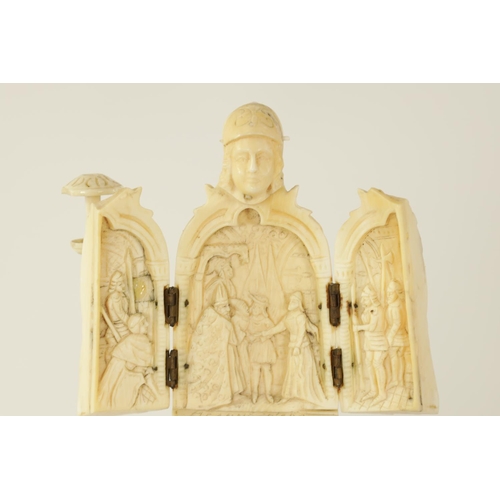 565 - AN EARLY 19TH CENTURY GRAND TOUR DIEPPE CARVED TRIPTYCH DEPICTING JOAN OF ARC mounted on an ivory an... 