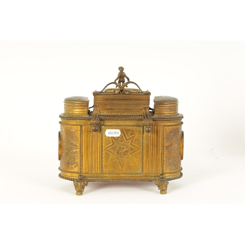 570 - A 19TH CENTURY FRENCH ENGRAVED GILT BRASS AND PIETRA DURA PANELLED DRESSING TABLE JEWELLERY CABINET ... 