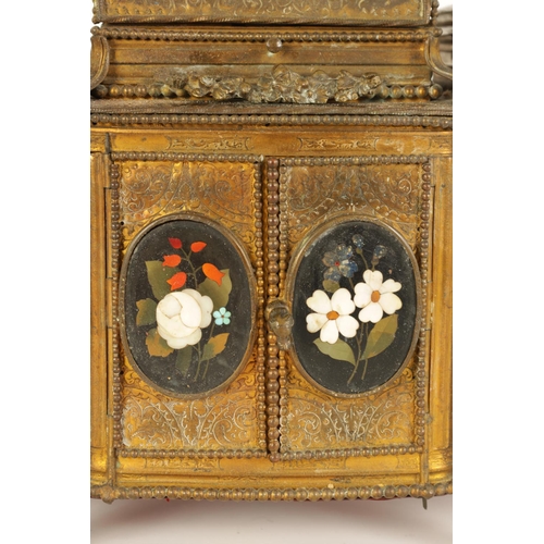 570 - A 19TH CENTURY FRENCH ENGRAVED GILT BRASS AND PIETRA DURA PANELLED DRESSING TABLE JEWELLERY CABINET ... 