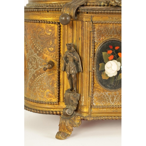 570 - A 19TH CENTURY FRENCH ENGRAVED GILT BRASS AND PIETRA DURA PANELLED DRESSING TABLE JEWELLERY CABINET ... 