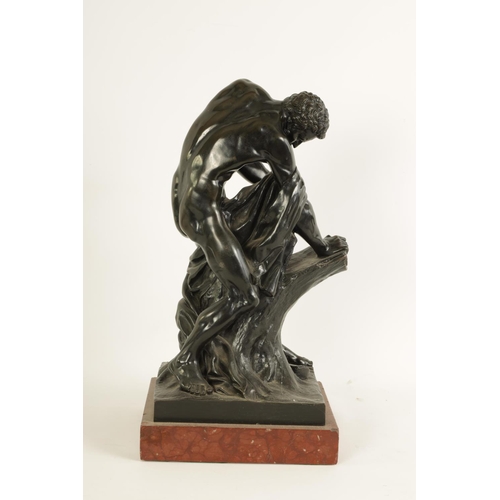 571 - A 19TH CENTURY GREEN PATINATED 'MILO OF CROTON' BRONZE SCULPTURE AFTER EDME DUMONT (1722 - 1775) dep... 