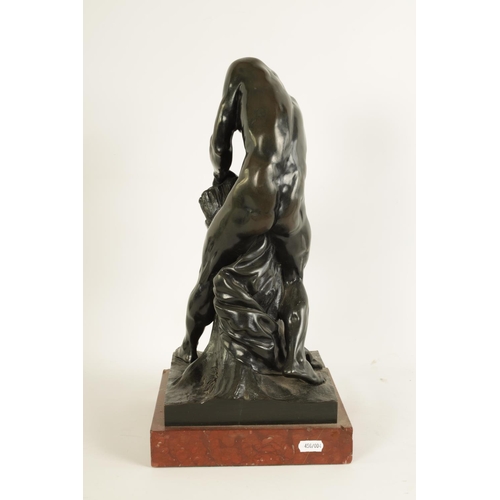 571 - A 19TH CENTURY GREEN PATINATED 'MILO OF CROTON' BRONZE SCULPTURE AFTER EDME DUMONT (1722 - 1775) dep... 