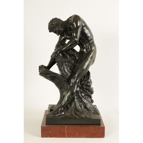 571 - A 19TH CENTURY GREEN PATINATED 'MILO OF CROTON' BRONZE SCULPTURE AFTER EDME DUMONT (1722 - 1775) dep... 