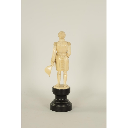 587 - A FINE 19TH CENTURY CARVED IVORY FIGURE OF THE DUKE OF WELLINGTON standing on a ebonised turned base... 