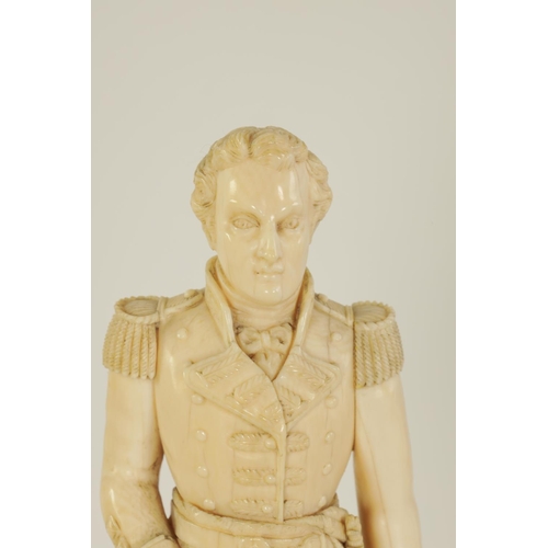 587 - A FINE 19TH CENTURY CARVED IVORY FIGURE OF THE DUKE OF WELLINGTON standing on a ebonised turned base... 