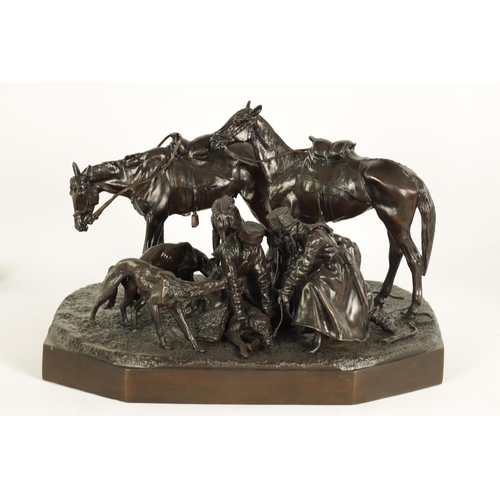 591 - AFTER NIKOLAI LIEBERICH (1828-1883) A LARGE RUSSIAN BRONZE FIGURE GROUP OF COSSACK HUNTERS WITH TWO ... 