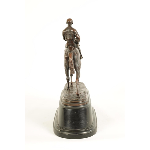 598 - AFTER P.J. MENE. A LATE 19TH CENTURY FRENCH BRONZE EQUESTRIAN SCULPTURE depicting a racehorse and jo... 