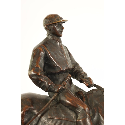 598 - AFTER P.J. MENE. A LATE 19TH CENTURY FRENCH BRONZE EQUESTRIAN SCULPTURE depicting a racehorse and jo... 