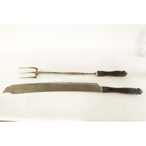 600 - A RARE GIANT PAIR OF LATE REGENCY EXHIBITION CARVING KNIFE AND FORK SET with substantial leaf-carved... 