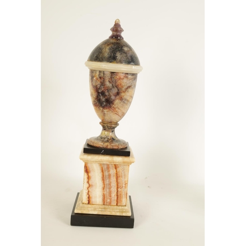 601 - A 19TH CENTURY BLUE JOHN COVERED URN mounted on a square veined agate plinth base (44cm high)