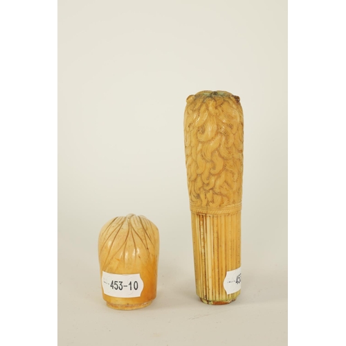 615 - AN EARLY GEORGIAN CARVED IVORY DAGGER HANDLE finely worked as an open-mouthed lion together with a G... 