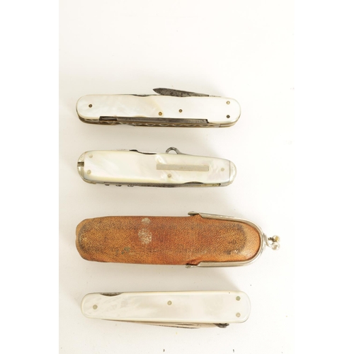 623 - A COLLECTION OF THREE MOTHER-OF-PEARL MULTI BLADE FOLDING KNIVES the first signed 'J.V. OWLISHAW' fi... 