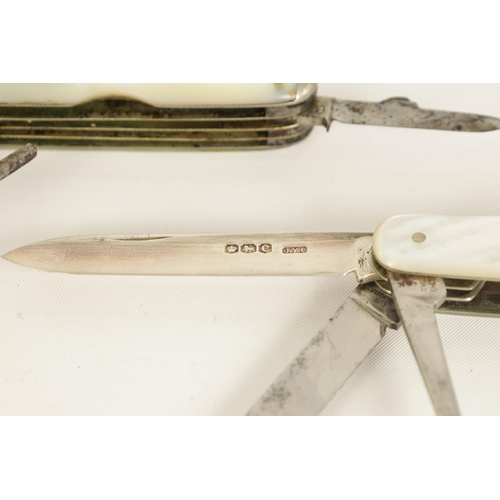 623 - A COLLECTION OF THREE MOTHER-OF-PEARL MULTI BLADE FOLDING KNIVES the first signed 'J.V. OWLISHAW' fi... 